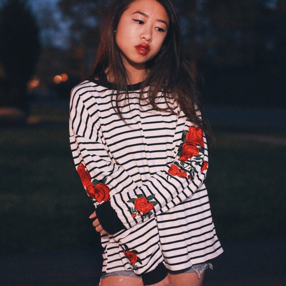 Striped Embroidered Flower Long Sleeve Top